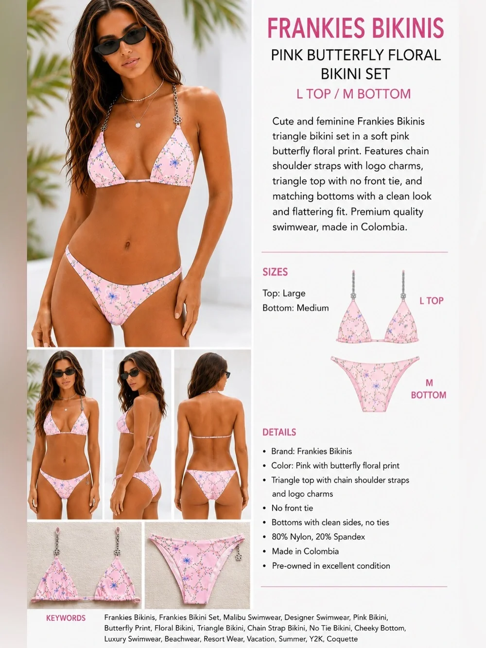 Frankies Bikinis Pink Butterfly Floral Triangle Bikini Set L Top M Bottom